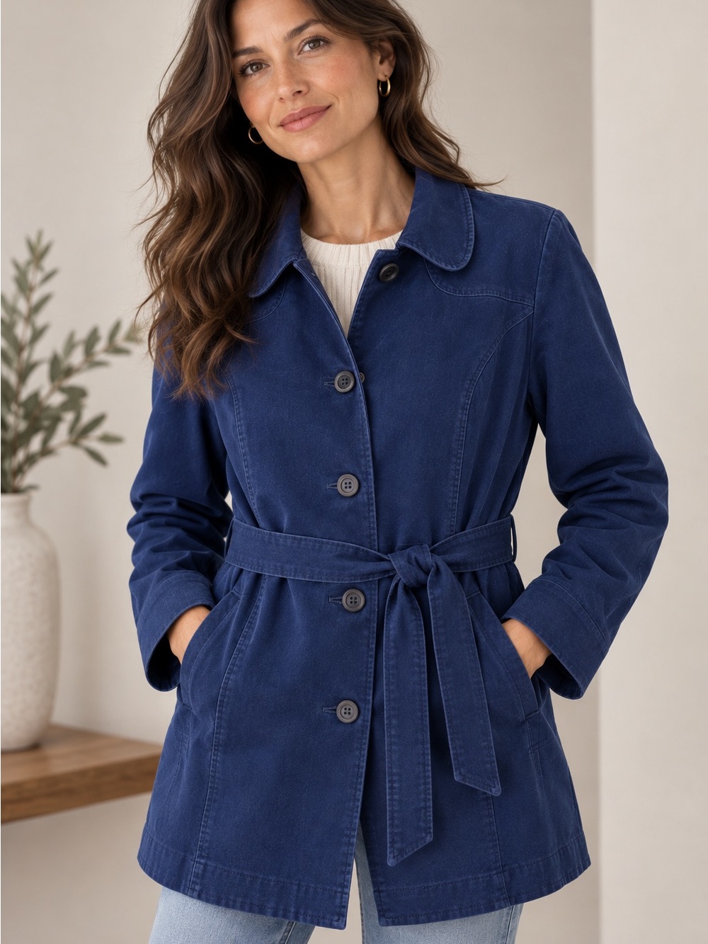 L.L.Bean Women’s Blue Cotton Belted Jacket Coat XL Fully Lined
